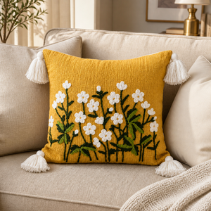 Cojín Decorativo Bordado a Mano con Flores de Algodón, Color Amarillo Mostaza, con Borlas, para Sala de Estar - Product Image 5
