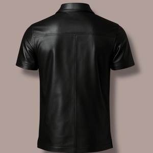 เสื้อโปโลหนังสีดำผู้ชายแขนสั้นเสื้อพอดีตัวลำลอง - Product Image 6