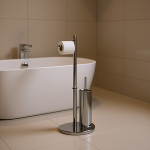 Chrome Bathroom Stand with Toilet Paper Holder and <b>Brush</b> Premium Toilet Accessory Set - Product Image 3