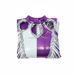 Tenue de danse professionnelle bicolore métallique brillante avec garniture en sequins argentés et franges à pampilles, costume de performance très élastique - Product Image 6