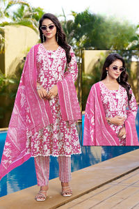 Ensemble Kurti moderne 3 pièces en pur coton brodé pour adultes vêtements indiens et pakistanais imprimés pour les fêtes - Product Image 5