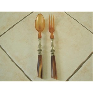 Servidor de ensalada Vintage antiguo en cuerno y servidor de ensalada de Metal plateado Utensilios de cocina Regalo de boda - Product Image 3