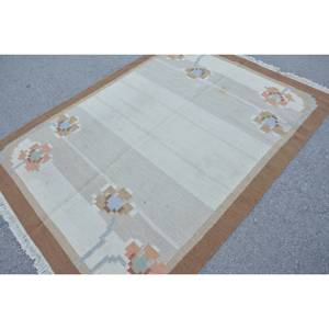 Classic Traditional Brown Beige Wool Rug 5.5 X 8.7 ft Handmade Vintage Turkish Patchwork Design for Bedroom Hallway Latex - Product Image 2