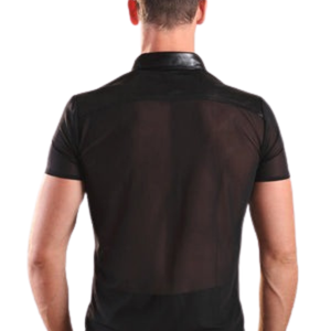 Chemise en cuir avec garniture en nylon pour homme Noir Manches courtes Faux cuir Fétiche Bouton devant Club Top - Product Image 2