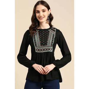 Haut en coton à manches longues pour femme avec broderie et dentelle, taille unique, motif floral, col asymétrique, disponible en noir et tailles XS - Product Image 1