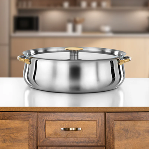 Cazuela de diseño árabe de Venta caliente Servidor de alimentos de acero inoxidable y madera con mango de patrón floral de latón HotCase y HotPot - Product Image 1