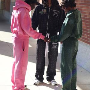 Vintage Wash Tracksuit Sweatsuits Custom Applique <b>Embroidery</b> Heavy Cotton Men 2 Piece Rhinestone Sweatpants and Hoodie <b>Set</b> - Product Image 1