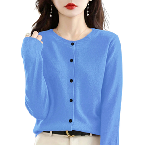 Women Solid Blue Knit <b>Cardigan</b> <b>Sweater</b> Long Sleeve Button Front Round Neck Casual Simple Spring Fashion Top Office Daily Wear - Product Image 1