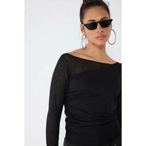 Blusa de Manga Larga para Mujer, Cuello Redondo Informal, Top de Popelina, Bordado de Encaje en la Parte Delantera, Logotipo, Poliéster, Corte Regular - Product Image 3