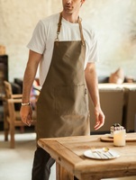 Apron Kain Kanvas Hijau Zaitun Profesional, Tahan Lama, untuk Memasak di Dapur, Apron Koki dengan Tali Pengikat yang Dapat Disesuaikan, Apron Pelayan Kafe Modern