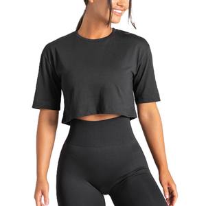 Crop tops basiques avec logo personnalisé, vente flash, crop top pour femmes, 95% coton, 5% élasthanne, col rond, t-shirt crop top en noir - Product Image 1