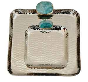 Plateau de service de forme carrée avec un design martelé et une pierre d'agate, plateau écologique en pierre naturelle polie, articles de cuisine pour la maison, plateau de service décoratif - Product Image 6