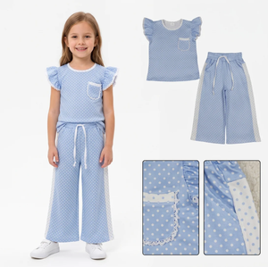Conjuntos de ropa para bebés y niñas, top con bolsillos y pantalones acampanados con lunares azules - Product Image 2