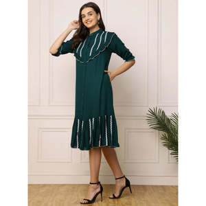 Vestido Midi Vintage Deebaco para Mujer, Corte en A, Cuello con Volantes, Manga Abullonada, Ribete en Contraste, Botones al Frente, Color Sólido, Casual, Verano, Bordado - Product Image 3