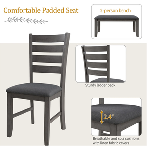 Ensemble de salle à manger en bois rustique, style traditionnel antique de ferme, ensemble de 6 pièces comprenant une table, des chaises grises avec un banc, ameublement pour la maison - Product Image 3