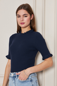 Blusa de punto acanalado de manga corta con volantes para mujer, Camiseta cómoda y elegante, transpirable, servicio OEM de alta calidad - Product Image 2