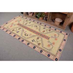 Alfombra Turca de 3.6x7.2 pies, Alfombra Vintage, Alfombra Oriental de Lana Amarilla y Azul - Product Image 2