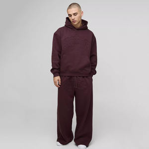 High Quality Custom Maroon <b>Oversized</b> Boxy Homme Debossed Hooded & <b>Jogger</b> With Pocket 2 Piece Set Streetwear Tracksuit for Men - Product Image 1