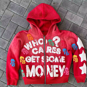 Fabricante personalizado francés Terry 100% algodón Vintage ácido lavado de gran tamaño rhinestone 3D puff estampado Zip Up HOODIE hombres 2024 - Product Image 1