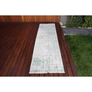 Alfombra Turca Vintage de Lana Azul Sólida de 2.3x8.4 pies - Product Image 1