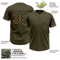 Ensembles de maillots de softball personnalisés pour adultes, unisexes, respirants, à séchage rapide, 100 % polyester, à deux boutons, couleur olive noir-ancien or, pour équipes