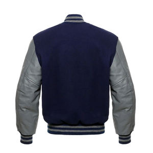 Chaqueta Bomber Universitaria con Mangas Grises y Cuerpo Azul Marino, Chaqueta Universitaria con Mangas de Cuero - Product Image 3