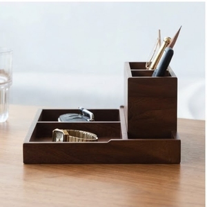 Acacia Wood Desktop Organizer Double Tier Rectangular Minimalist <b>Storage</b> Box for Desk Office Use Handmade Multifunctional - Product Image 2
