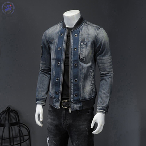 Unique Style Collar Patch Bomber Pilot Blue <b>Denim</b> <b>Jacket</b> <b>Men</b> Jeans Coats Motorcycle Casual Outwear Clothing - Product Image 4