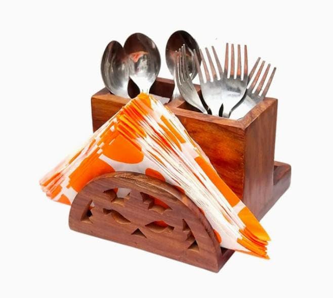 Neos Teak Wood Cutlery and Tissue Holder manufacturer (Natural) Elegant Table Organizer Dining Handcrafted Teakwood Utensil