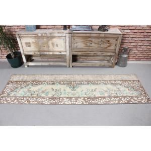 Vintage Turkish Runner Rug 2x6.8 ft, <b>Brown</b> Blue Floral <b>Wool</b> Rug - Product Image 3