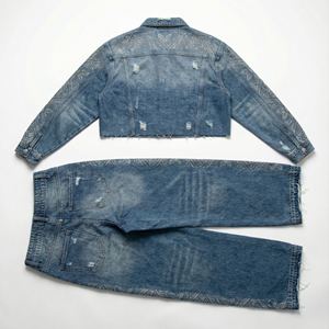 2026 Hot Women Hooded Printed <b>Denim</b> Rhinestone Jeans Windbreaker Set <b>Jacket</b> Streetwear Distressed Two Piece Custom Wholesale Oem - Product Image 2