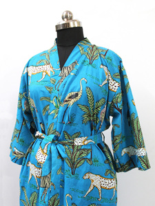 Bata de Baño Tipo Kimono con Estampado Animal Turquesa, 100% Algodón, Cuello en V, Transpirable, para Mujer, Ropa de Dormir para Primavera y Otoño - Product Image 3