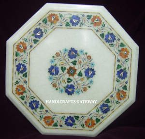 Indian Manufacturer of White Marble Inlay <b>Dining</b> <b>Table</b> Top for <b>Dining</b> Room Handmade Inlay Design Octagonal Shape <b>Table</b> Tops - Product Image 1