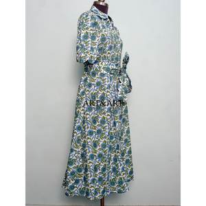 Vestido Midi de Algodón Indio con Estampado Artesanal, Cuello en V, Manga Corta, Silueta en A, para Fiesta, Playa, Verano - Product Image 5