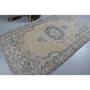 Alfombra turca Vintage Beige Verde 4,7 X 8.4ft Clásico Área grande Lana Respetuoso del medio ambiente Pila media Respaldo de látex Patrón de retazos - Product Image 2