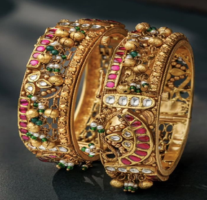<b>Antique</b> <b>gold</b>-finish brass kadas with ruby & emerald accents. Bold ethnic style. Available at wholesale prices. - Product Image 1