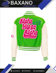 อัลฟ่า |   คาปา |   เสื้อแจ็คเก็ตวาร์ซิตี้ Alpha Sorority สีเขียว สำหรับปักโลโก้ กันลม ระบายอากาศได้ดี สำหรับ AKA Sorority แบบสั่งทำพิเศษ - Product Image 5