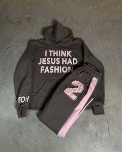 Sudadera con capucha y pantalones de chándal bordados desgastados con parche de Streetwear, conjunto de chándal unisex de gran tamaño - Product Image 2