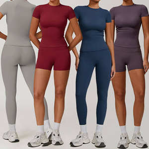 Set da allenamento da donna 2 pezzi per t-shirt atletica <span class=keywords><strong>Leggings</strong></span> a vita alta con abbinamento Set di abbigliamento abbigliamento attivo per allenamento e Yoga outfit - Product Image 2