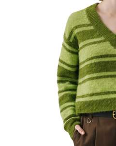 Custom Green Striped Women V Neck Knit Sweater Soft Fuzzy <b>Fabric</b> Long Sleeve Winter Casual Pullover Fashion Top For Wholesale - Product Image 3