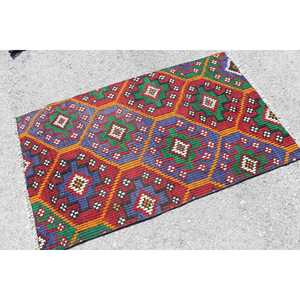 Petit tapis turc vintage 2,9x4,8 pieds, tapis uni rouge et bleu - Product Image 2