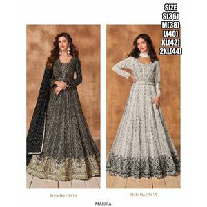 Rayonne de soie ethnique indienne Anarkali robe noire et blanche lourde brodée Dupatta manches longues évasées mariages vêtements de fête - Product Image 5