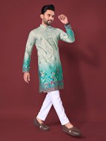 Kurta traditionnel pour homme, coupe ajustée et taille régulière, en tissu coton-rayonne, broderie sur les deux côtés, manches longues, motif, longueur genou, sans plis