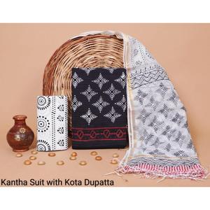Hand <b>Block</b> <b>Print</b> Cotton Kantha Suit with Kota Doria Dupatta Traditional Salwar Kameez Featuring Hand Drawn Printing - Product Image 1