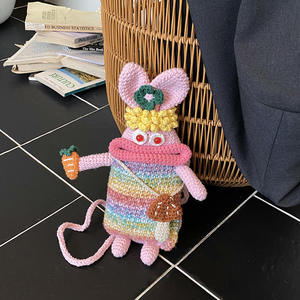 Sac bandoulière pour femme en fil, fait main, motif lapin au crochet, petit, rayé, mignon, style 'ugly-cute', décontracté et polyvalent, pour téléphone - Product Image 1