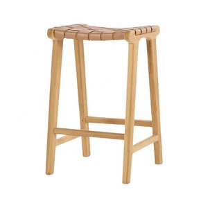 Minimalist Garden Bar Chair <b>Stool</b> Modern Teak Wooden <b>Leather</b> Chair Bar <b>Stool</b> for Outdoor Restaurant Bar Coffee Shop Furniture - Product Image 2
