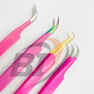 Pince à épiler d'extension de cils en acier inoxydable rose testée à la main avec logo personnalisé professionnel beauté durable pointe de volume incurvée forte - Product Image 1