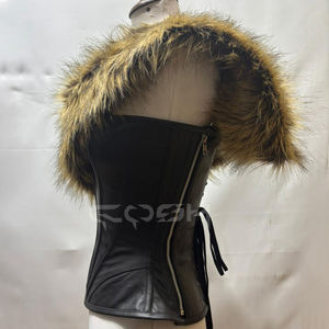 Black Leather <b>Corset</b> With Fur Trim One-Shoulder Asymmetric Steel Boned Bustier Top - Product Image 4