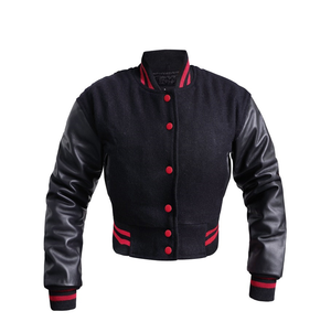 Chaqueta universitaria recortada para mujer, Mangas de cuero de primera calidad y cuerpo de lana, chaqueta de béisbol con letras para mujer, manga larga OEM - Product Image 3