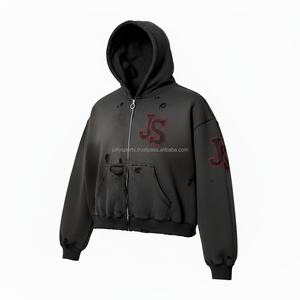 Luxe 380 GSM Coton Polyester Mélange Zipper Hoodie Look Vintage Noir Logo Brodé Personnalisé Streetwear Basics Zipper Hoodie - Product Image 3